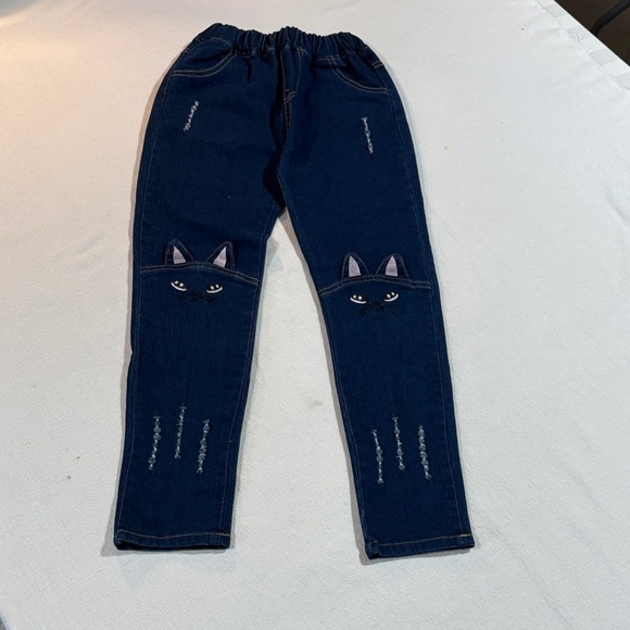 YWBY  Girls Stretch Blue Jeans with Cat Embroidery Accents Pull-on High Rise - Picture 13 of 13